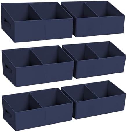 DIMJ Large Closet Shelf Organizer Bins 6 Packs with Handles and Divider, Fabric Trapezoid Storage Baskets, Foldable Clothes Containers Box for Shelf, Towel, Book, Toy, Purse, Hats, Navy Blue by DiMJ