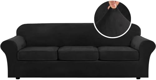 H.VERSAILTEX Velvet 4 Piece High Stretch Sofa Slipcover Cover Furniture Protector Form Fit Thick Velvet Extra Large Sofa Cover for 3 Cushion Couch Width Up to 105 Inch(XL Sofa, Jet Black) by HVERSAILTEX