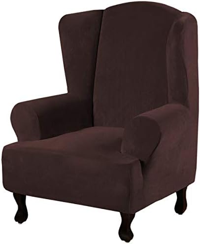 H.VERSAILTEX Wingback Chair Covers Velvet Plush Wing Chair Slipcover 1 Piece High Stretch Wing Back Chair Slipcovers Sofa Cover Furniture Cover with Elastic Bottom, Brown by HVERSAILTEX