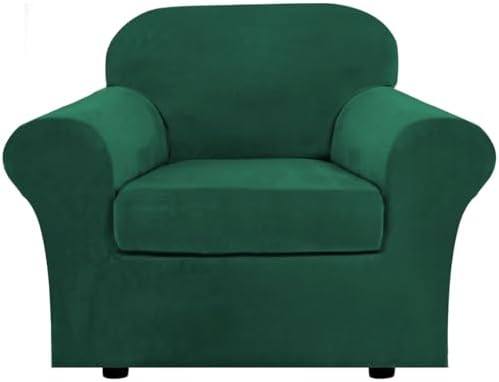H.VERSAILTEX Rich Velvet Stretch 2 Piece Cover Chair Slipcover Sofa Cover Furniture Protector Couch Soft with Elastic Bottom Chair Couch Cover Width Up to 49 Inch (Chair, Vintage Green) by HVERSAILTEX
