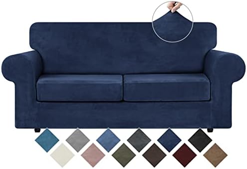 WEERRW Velvet Stretch 3 Pieces Couch Cover for Sofa Washable, Navy Blue by WEERRW