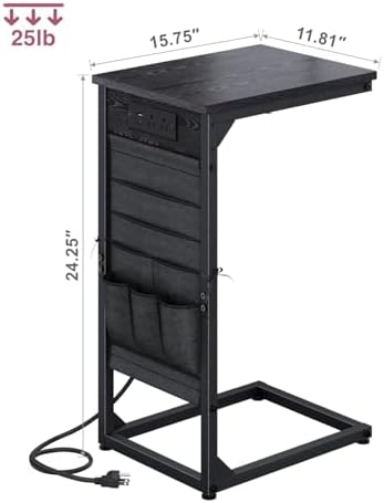 C-Shaped End Table with Fast-Charging Station, Small Couch Side Table with Storage Bag, Sofa TV Tray Table for Living Room, Bedroom, Bedside ET-BK-1 - Image 2