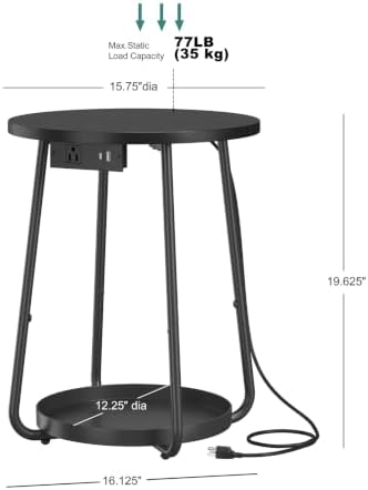 sthmec Small Round Side End Table with Storage and Charging Station, 2 Tier Round Bedside Sofa Couch Coffee Tables with Tray, Metal Nightstand for Small Spaces, Living Room Bedroom, Black - Image 3