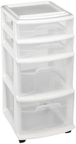 HOMZ Drawer Tower, 4-Tier Storage Cart with Removable Wheels, White Frame by Homz