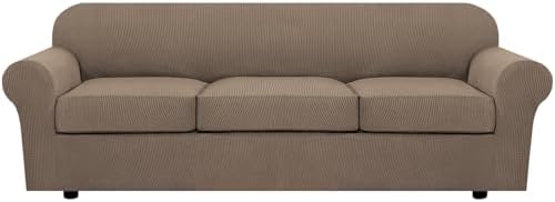H.VERSAILTEX 4 Piece Stretch Sofa Covers for 3 Cushion Couch Covers for Living Room Furniture Slipcovers (Base Cover Plus 3 Seat Cushion Covers) Thicker Jacquard Fabric (Large Sofa, Macchiato) by HVERSAILTEX