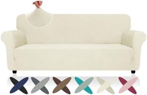 ZNSAYOTX Super Stretch Couch Cover (72"-92"), New Striped Sofa Covers Fitted Slipcovers with Elastic Bottom, Dog Cat Pets Proof Spandex Fabric Comfortable & Durable (Beige, Sofa) by ZNSAYOTX