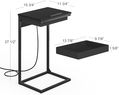 sthmec C Shaped End Table with Charging Station,45° Tiltable Adjustable Flip Top Side Table Set of 2,Small C Table Set 2 for Small Spaces,Slide Under Couch Sofa Bedside Table Living Room, Black - Image 3