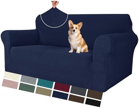 MAXIJIN Loveseat Cover Sofa Covers (55"-69"), 1-Piece Stretch Couch Covers for 2 Cushion Couch Love Seat Slipcover with Elastic Bottom for Kids,Dog (Loveseat, Diamond Pattern Navy Blue) by MAXIJIN