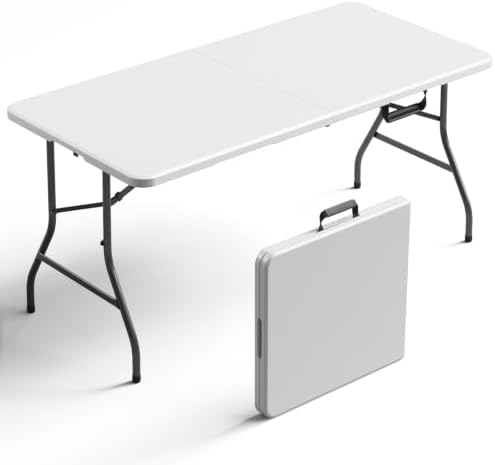 Folding Table 5FT Heavy Duty Plastic Table with Handle, Foldable&Portable, Fold-in-Half Utility Tables for Outdoor, Dining, Wedding, Events, Indoor, Picnic, Camping, Party,White by FoldingFurniture