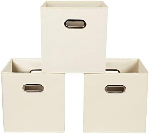 Yunkeeeper storage bins Cubes, Fabric Cube Organizer with Handle, Foldable Cube Bins for Cloth or Accessary Storage, 11x11x11, Set of 3, (Creamy White) by Yunkeeper