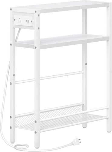 HOOBRO Small Narrow Side Table with Charging Station, Skinny End Table for Small Spaces, Slim Nightstand with USB Ports Outlet, Sofa Beside Table with Storage Shelf, White WT102UBZ01 by HOOBRO