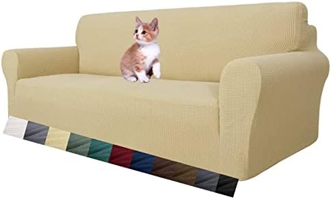MAXIJIN Super Stretch Couch Cover for 3 Cushion Couch, 1-Piece Universal Sofa Covers Living Room Jacquard Spandex Furniture Protector Dogs Pet Friendly Fitted (Large, Beige) by MAXIJIN