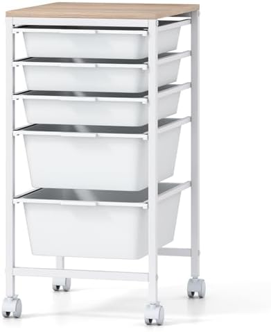 Giantex Rolling Storage Cart with 5 Drawers, Utility Cart w/Wooden Tabletop, Lockable Wheels, Multipurpose Organizer for Art Craft Books Paper, Drawer Carts for Dorm Classroom Office, White by Giantex