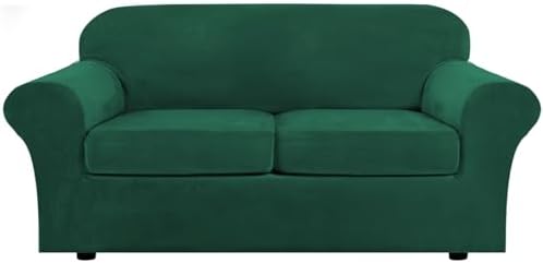 H.VERSAILTEX Real Velvet Plush 3 Piece Stretch Sofa Covers Couch Covers for 2 Cushion Couch Sofa Slipcovers Width Up to 90 Inch Feature Thick Soft Stay in Place (Large Sofa, Vintage Green) by HVERSAILTEX
