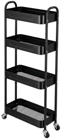 4 Tier Slim Storage Cart with Wheels for Laundry Room Between Washer and Dryer, 7.1'' Narrow Rolling Cart with Wheels and Lockable Casters, Metal Thin Standing Shelf for Small Space, Black by LIWNYRK