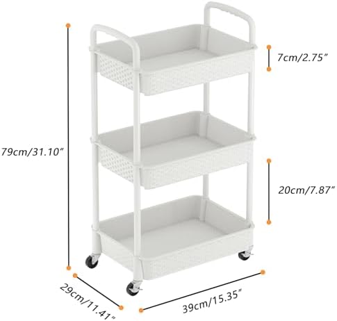MOYIPIN 3-Tier Plastic Rolling Utility Cart with Handle,Utility Storage Cart for Office, Living Room, Kitchen,Movable Storage Organizer Shelves,White - Image 3