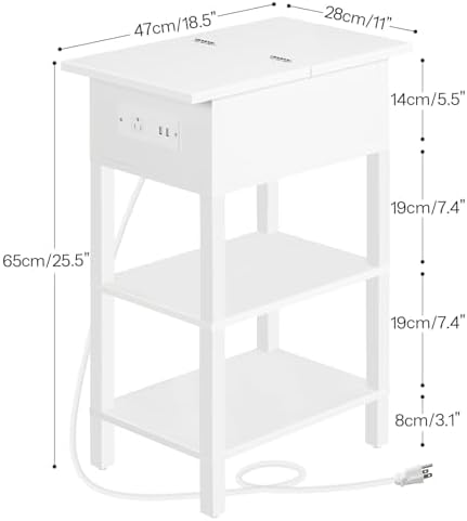 HOOBRO End Table with Charging Station, Flip Top Side Table with USB Ports, Narrow Nightstand Bedside Tables with Storage Shelves, for Small Space, Living Room, White WT141UBZ01 - Image 3
