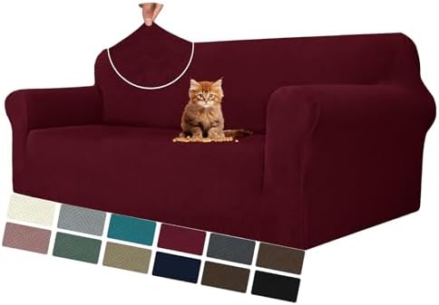 MAXIJIN Couch Covers for 3 Cushion Couch Sofa (71"-91"), 1-Piece Stretch Sofa Cover Slipcover Furniture Protector with Elastic Bottom for Kids,Dogs (Large, Diamond Pattern Wine Red) by MAXIJIN