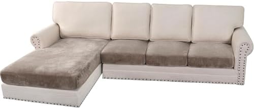 H.VERSAILTEX Velvet Stretch Sectional Couch Covers 4 Pieces Sofa Seat Cushion Covers L Shape Separate Cushion Couch Cover for Both Left/Right Sectional Couch (Large Sofa 3 Seater + 1 Chaise, Taupe) by HVERSAILTEX