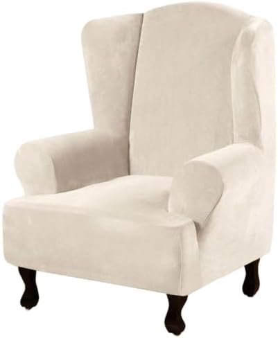 H.VERSAILTEX Wingback Chair Covers Velvet Plush Wing Chair Slipcover 1 Piece High Stretch Wing Back Chair Slipcovers Sofa Cover Furniture Cover with Elastic Bottom, Ivory by HVERSAILTEX