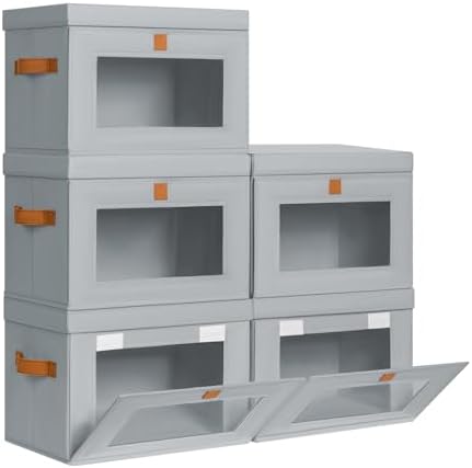 DIMJ Storage Bins with Lids - 5 Pack Front Opening Stackable Fabric Storage Boxes with Clear Window & Handles, Collapsible Closet Organizers for Clothes, Sweaters, Shelf Storage, Bedroom, Gray by DiMJ