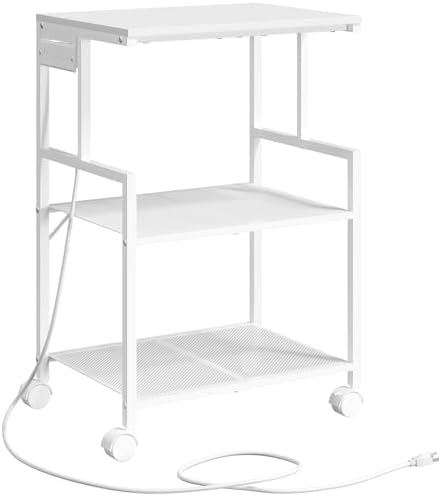 MAHANCRIS Mobile Printer Stand, 3-Tier Industrial Printer Cart with 2 AC Outlets and 2 USB Ports, Rolling Printer Table on Wheels for Home Offices Kitchen Organization Rack, White PTWT78E01 by MAHANCRIS