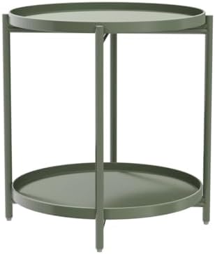 TeoKJ 2 Tier Green Side Table, Folding Round Metal End Table Small Nightstand with Two Removable Tray for Bedroom Living Room Bedside Small Spaces Dark Green - Image 4