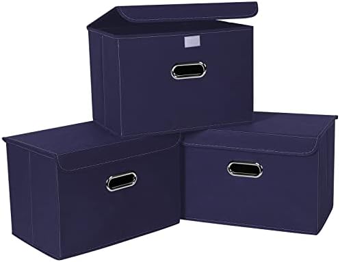 Linen Fabric Foldable Collapsible Storage Cube Bin Organizer Basket Fabric Storage Bins with Lid, Leather Handles, Removable Divider for Home, Closet,Navy Blue 3Pcs by SEVENDOME