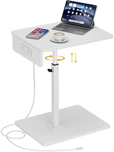 C Shaped End Table with Charging Station, Adjustable Height C Table End Table, 360°Swivel TV Tray Table for Small Spaces, Rounded Corners Couch Table, Side Tables Living Room for Sofa,Chair,Snack,Bed by Vagusicc