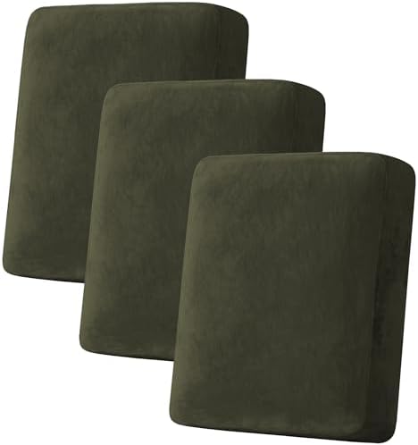 H.VERSAILTEX Velvet Stretch Couch Cushion Cover Plush Cushion Slipcover for Chair Loveseat Sofa Cushion Furniture Protector Seat Cushion Sofa Cover (3 Piece Sofa Cushion Covers, Olive) by HVERSAILTEX