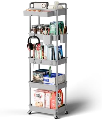 Sorgion 5 Tier Rolling Cart Organizer,Bathroom Cart Organizers with Wheels Laundry Room Organization Mobile Shelving Unit Utility Cart Storage Shelves Multi-Functional for Office, Home(Grey) by Sorgion