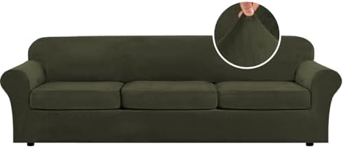 H.VERSAILTEX Modern Velvet Plush 4 Piece High Stretch Sofa Slipcover Furniture Protector Form Fit Velvet Extra Large Sofa Cover for 3 Cushion Couch Width Up to 105 Inch (XL Sofa, Olive) by HVERSAILTEX