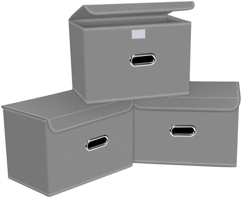 Linen Fabric Foldable Collapsible Storage Cube Bin Organizer Basket with Lid, Leather Handles, Removable Divider for Home, Closet (Grey, 3Pcs) by SEVENDOME