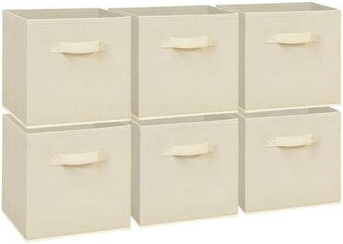 11 Inch Fabric Storage Cubes, Sturdy Foldable Storage Bins, Heavy Duty Cube Organizer for Clothes, Blankets, Shelves, Closets, Bedroom, Living Room, Beige, 6 Pack by Unknown