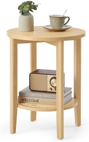 VASAGLE Round Side End Table, 2-Tier Boho Bedside Table with Rattan-Look by Unknown