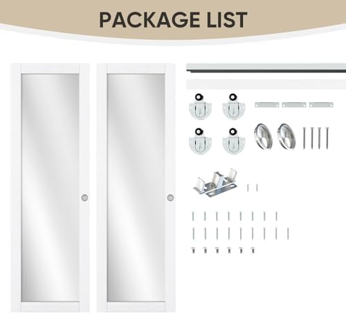 JUBEST 48" x 80" Mirror Closet Door, Preassembled One Side Mirror Door with Hardware Kit & Matching Fascia, Solid Wood Frame with Water-Proof PVC Surface, Easy to Install, White - Image 2