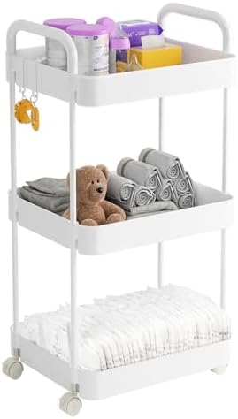 Volnamal Diaper Caddy Cart, 3-Tier Plastic Rolling Cart with Handle, White by Volnamal