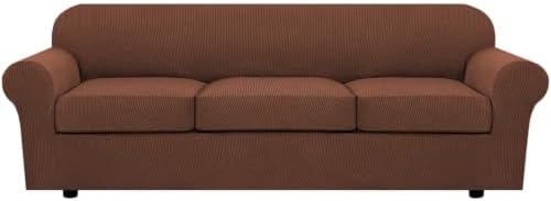 H.VERSAILTEX 4 Piece Stretch Sofa Covers for 3 Cushion Couch Covers for Living Room Furniture Slipcovers (Base Cover Plus 3 Seat Cushion Covers) Thicker Jacquard Fabric (Large Sofa, Caramel) by HVERSAILTEX