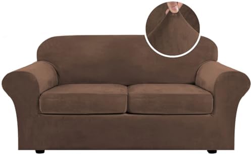 H.VERSAILTEX Real Velvet Plush 3 Piece Stretch Sofa Covers Couch Covers for 2 Cushion Couch Sofa Slipcovers Width Up to 90 Inch Thick Soft Stay in Place (Large Sofa, Caramel Cafe) by HVERSAILTEX
