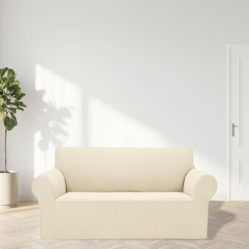 2025 New Stretch Loveseat Sofa Slipcovers Couch Cover for 2 Cushion Furniture Protector Sofa Covers with Elastic Bottom Small Checks for Pets, Kids - Beige - Image 4
