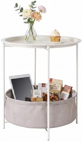 VECELO Round Side/End Table with Fabric Storage Basket，Metal Anti-Rust and Waterproof Small Bedside Nightstand with Removable Tray Top for Living Room，Balcony & Laundry，Beige/1pcs with Basket by VECELO