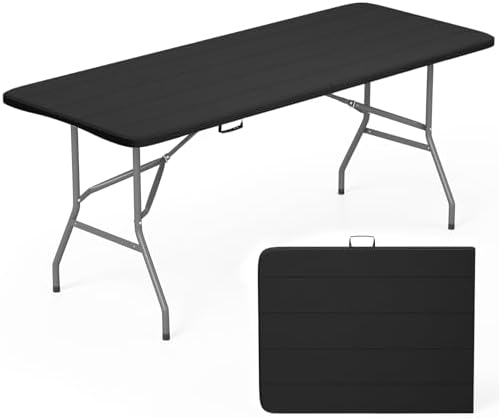 FDW | 6FT Folding Table | Black Wood Grain | Portable Plastic Table by FDW
