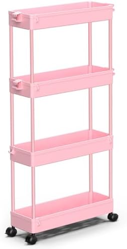 SPACEKEEPER Slim Rolling Storage Cart, 4 Tier Bathroom Cart Organizer, Pink by SPACEKEEPER