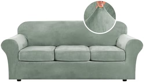 H.VERSAILTEX Modern Velvet Plush 4 Piece High Stretch Sofa Slipcover Sofa Cover Furniture Protector Form Fit Luxury Thick Velvet Sofa Cover for 3 Cushion Couch Width Up to 90 Inch (Sofa, Sea Grass) by HVERSAILTEX