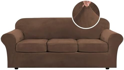 H.VERSAILTEX Modern Velvet Plush 4 Piece High Stretch Sofa Slipcover Sofa Cover Furniture Protector Form Fit Luxury Velvet Sofa Cover for 3 Cushion Couch Width Up to 90 Inch (Sofa, Caramel Cafe) by HVERSAILTEX
