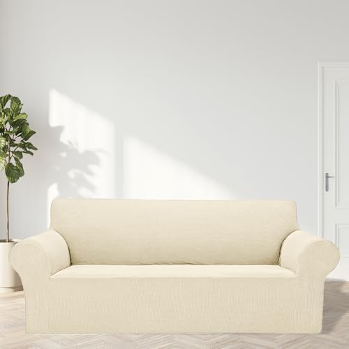 Cupuamon 2026 New Stretch Oversized Sofa Slipcovers Couch Sofa Cover for 4 Seater Furniture Protector Covers with Elastic Bottom Jacquard Fabric Small Checks for Pets, Kids - Beige - Image 3