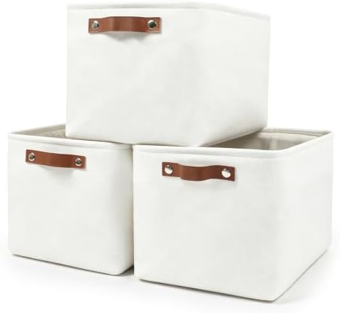 Bagnizer Storage Bins Large Fabric Storage Baskets for Shelves 3 Pack, Decorative Linen Closet Baskets with Handles for Organizing, Shelf, Clothes, Home, Office, 15x11x9.5Inches (White) by Bagnizer