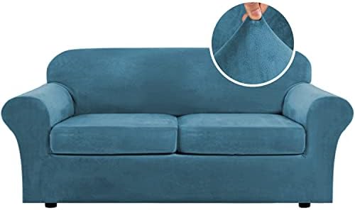 H.VERSAILTEX Real Velvet Plush 3 Piece Stretch Sofa Covers Couch Covers for 2 Cushion Couch Sofa Slipcovers Width Up to 90 Inch Feature Thick Soft Stay in Place (Large Sofa, Peacock Blue) by HVERSAILTEX