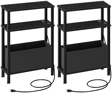 CHOEZON Set of 2 End Tables with Charging Station, Narrow Side Table for Small Spaces, Slim Nightstand with Basket, Skinny Bedside Table, for Living Room, Bedroom, Black TBZ07UP2BBN1 by Choezon