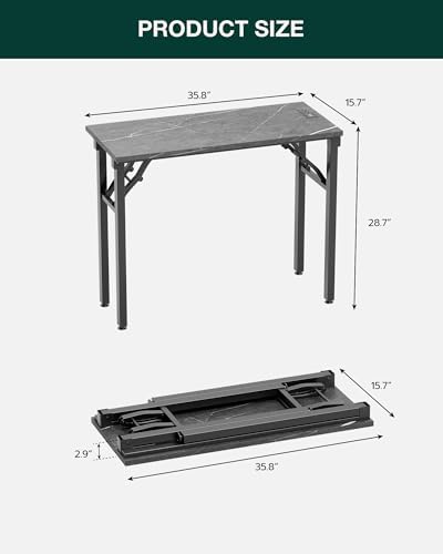 Frylr Small Folding Computer Desk – 35.8 Inch Portable Table for Craft and Study, Lightweight Desk for Small Spaces, Foldable Laptop Table Built-in AC/USB Outlets for Convenience, Marble Greige - Image 2